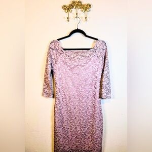 Onyx Dusty Lavender Lace with Sparkle Midi Dress Off the Shoulders. Size 6P